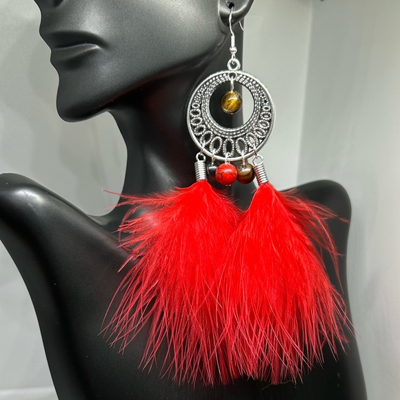 Handmade Red Feather Boho Earrings with Tiger Eye & Turquoise Gemstones! - Picture 2 of 5